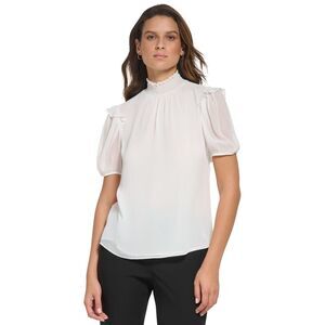 Women's Ruffled Mock Neck Puff-Sleeve Top